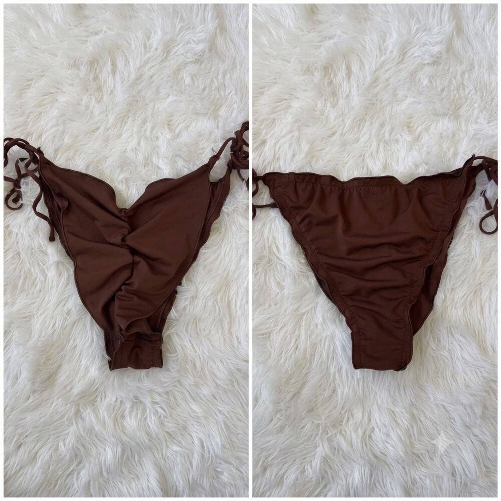 437 Bikini Bottoms‎ Large Brown Ruched Side Tie String Swimwear Cheeky Large L